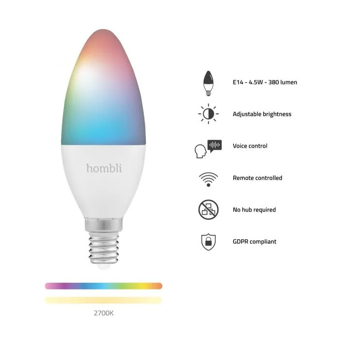 Hombli Smart Bulb RGB &amp; CCT - smart ljusk&auml;lla, E14, 4.5W, Wi-Fi