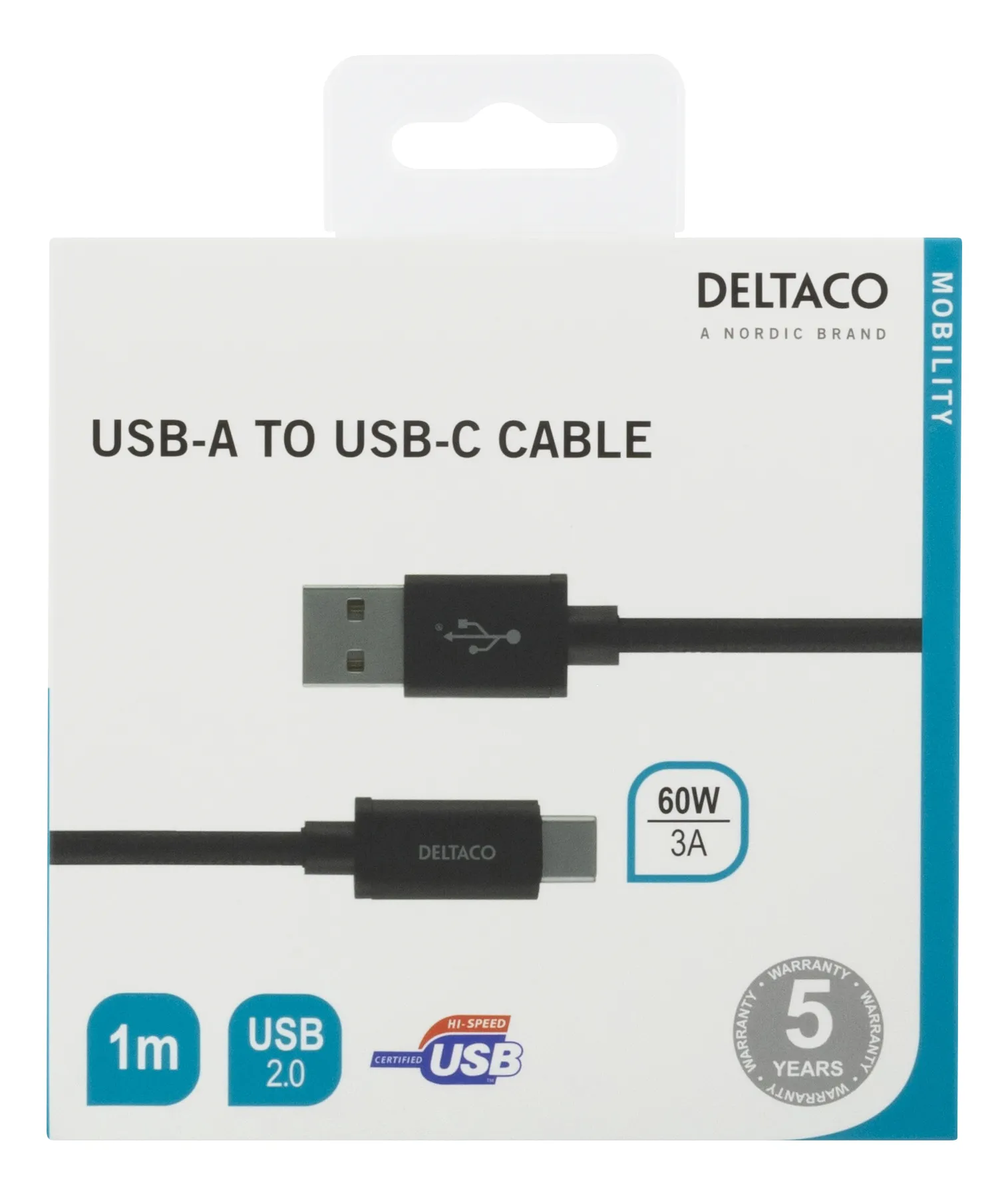 Deltaco Mobility USB-A – USB-C 2.0 - cable, 1 m, Black
