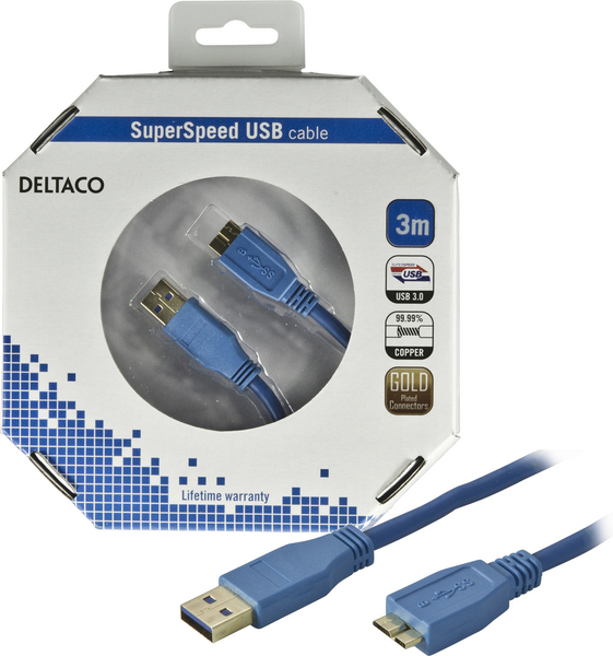 DELTACO USB 3.0 kabel, Typ A hane - Typ Micro B hane, 3m, bl&aring;