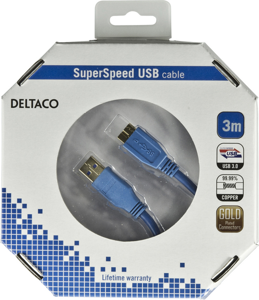 DELTACO USB 3.0 kabel, Typ A hane - Typ Micro B hane, 3m, bl&aring;