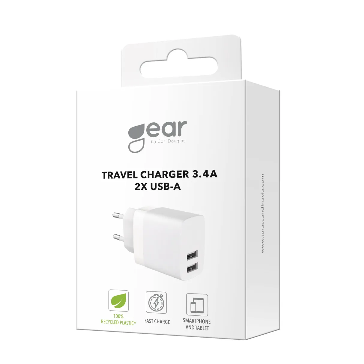GEAR Laddare 220V 2xUSB-A 3,4A Vit