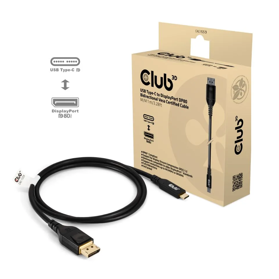 Club 3D USB-C - DisplayPort 2.1 -kaapeli, Musta, 1m