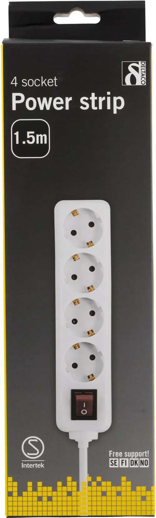 Deltaco GT-120 4-osainen jatkojohto, 1,5m, Valkoinen