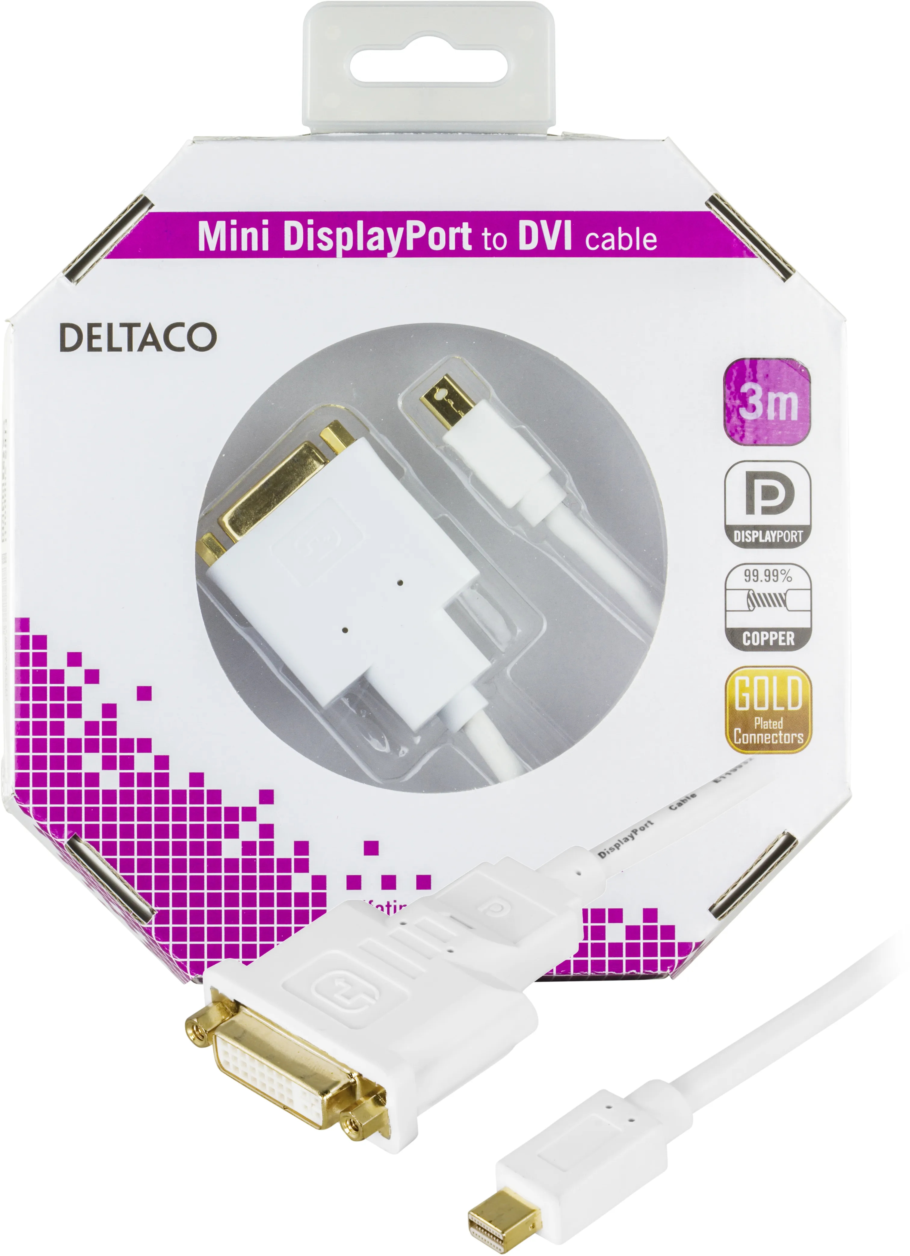 Deltaco mini Displayport &ndash; DVI-I - cable, Single, 3 m, White