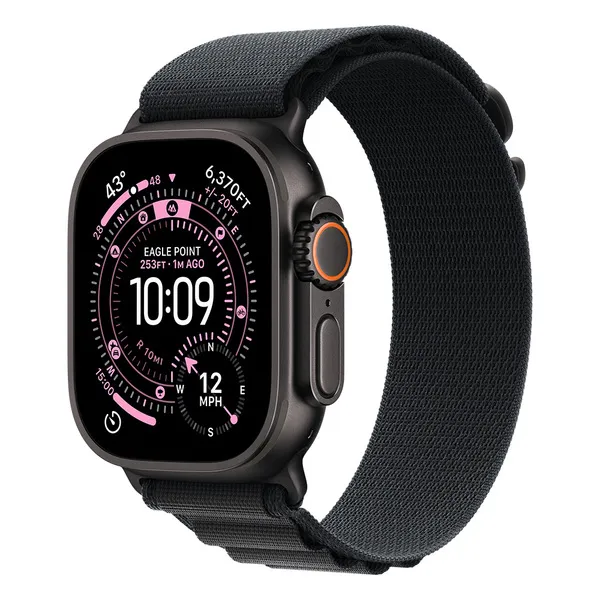 Apple Watch Ultra 3 49mm musta titaanikuori ja musta Alpine-ranneke (pieni)