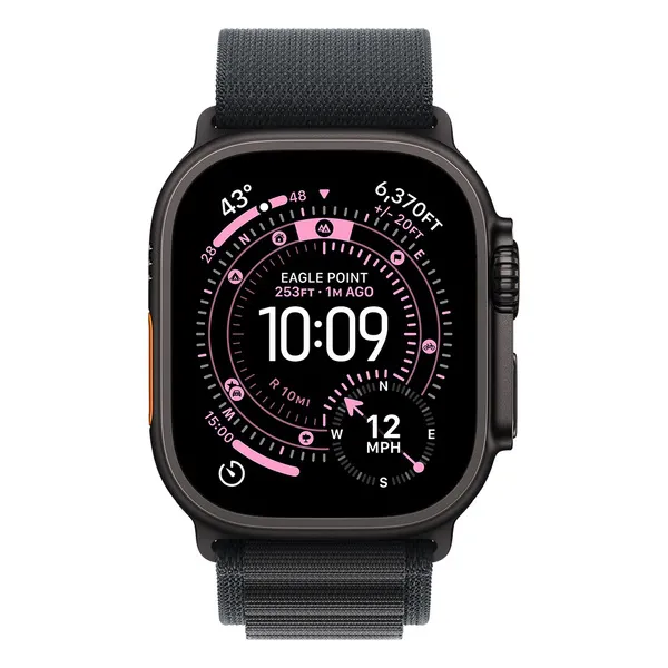 Apple Watch Ultra 3 49mm musta titaanikuori ja musta Alpine-ranneke (pieni)