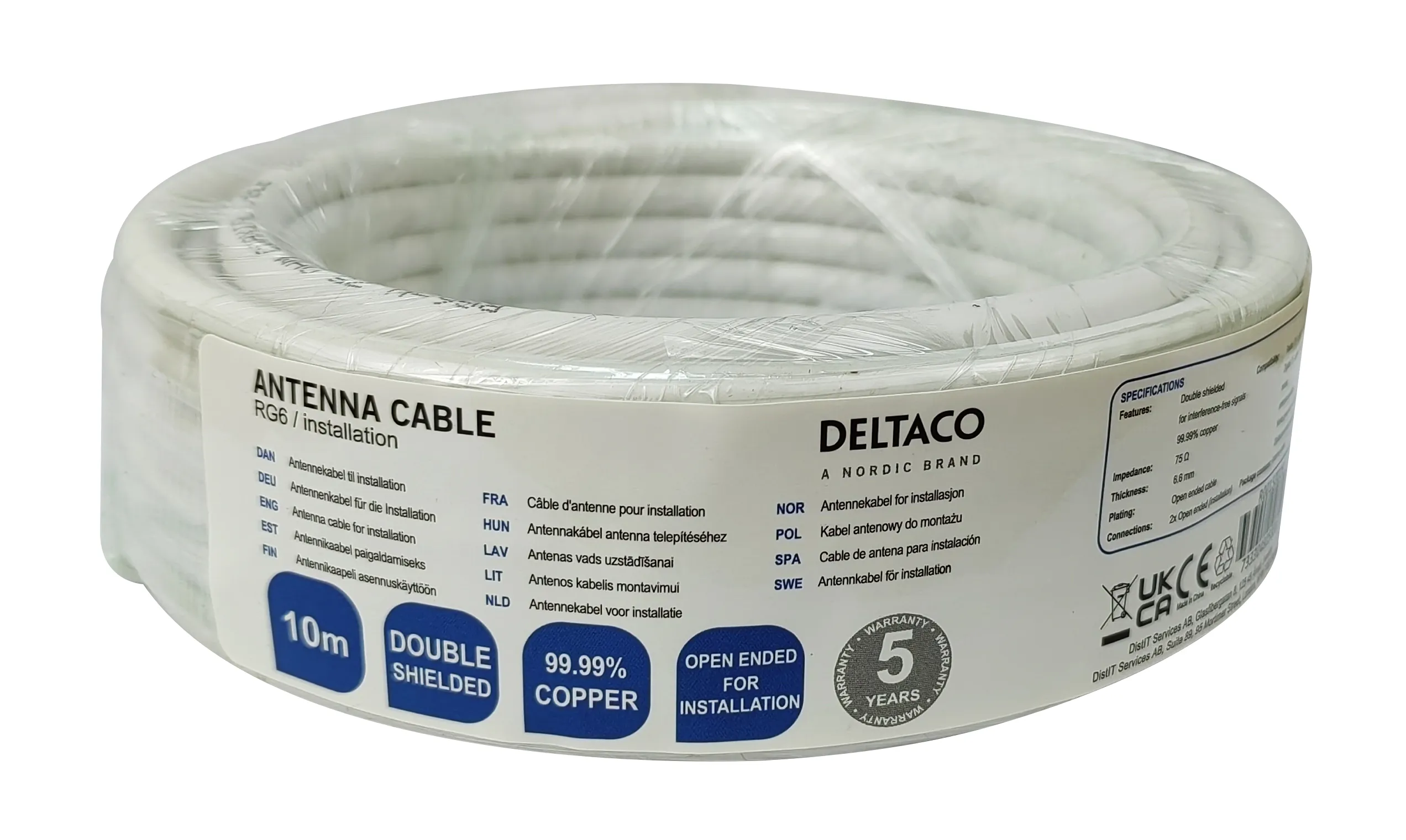 DELTACO RG-6 - Antennkabel, 10 meter, Vit