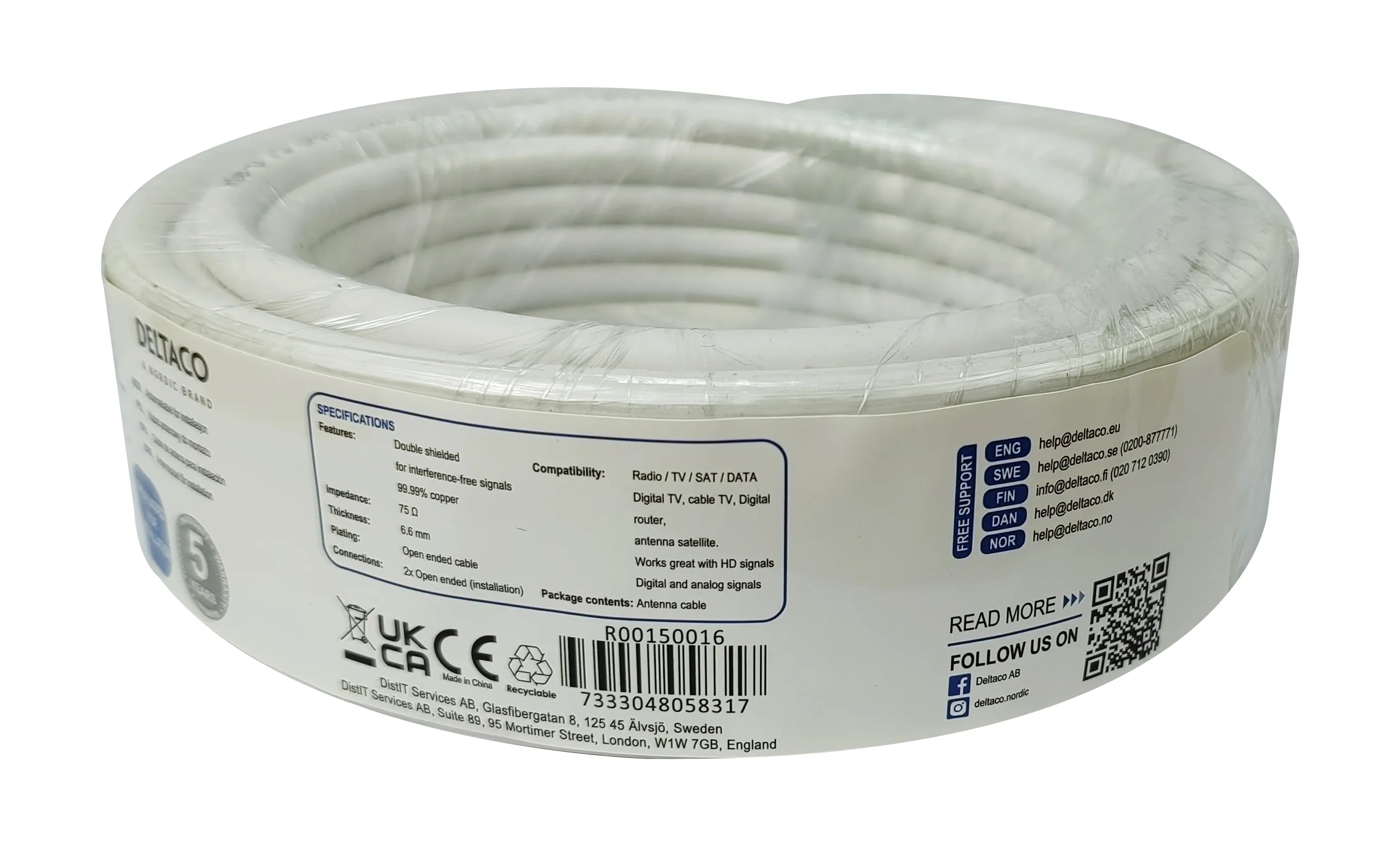 DELTACO RG-6 - Antennkabel, 10 meter, Vit