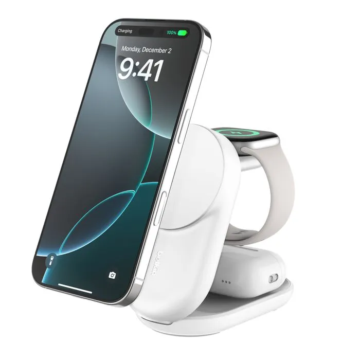 Belkin UltraCharge 3-in-1 Foldable Magnetic 25W Qi2 - trådlös laddare, Vit