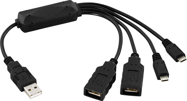 DELTACO USB 2.0 hubi, 2x A naaras, 2x micro B uros, 0,25m, musta