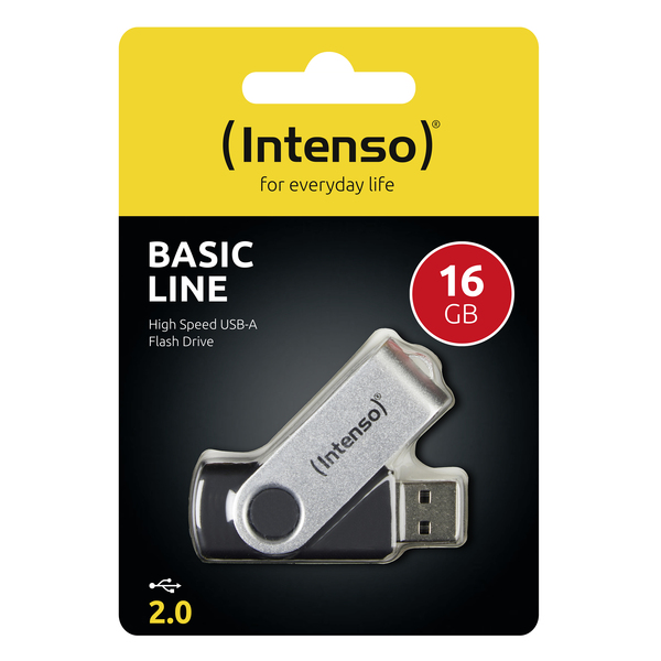 Intenso Basic Line 16 Gt USB 2.0 -muistitikku, musta, Hopea
