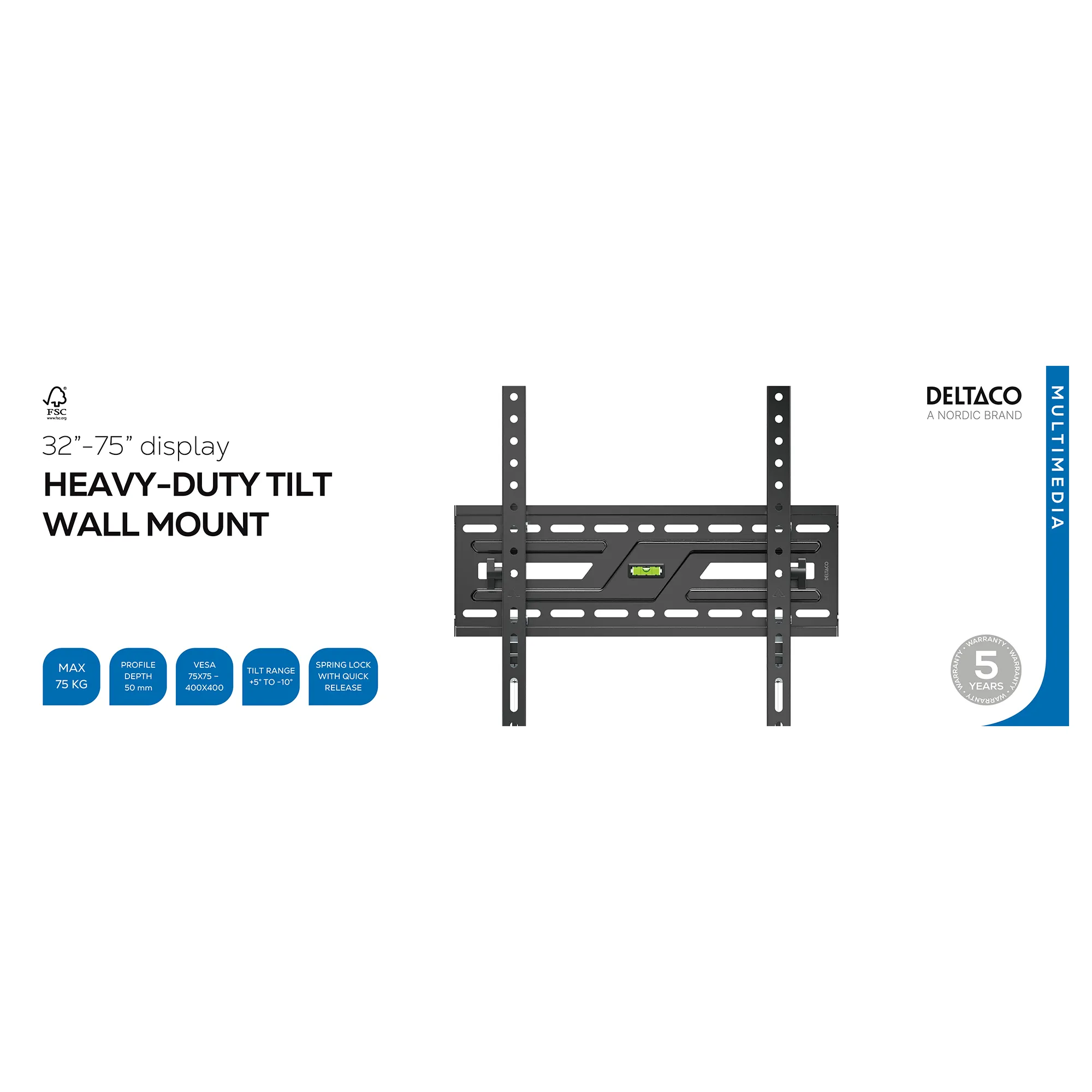 DELTACO ARM-1153-B Heavy-Duty Tilting Wall Mount, 32-75", 75 kg, Black
