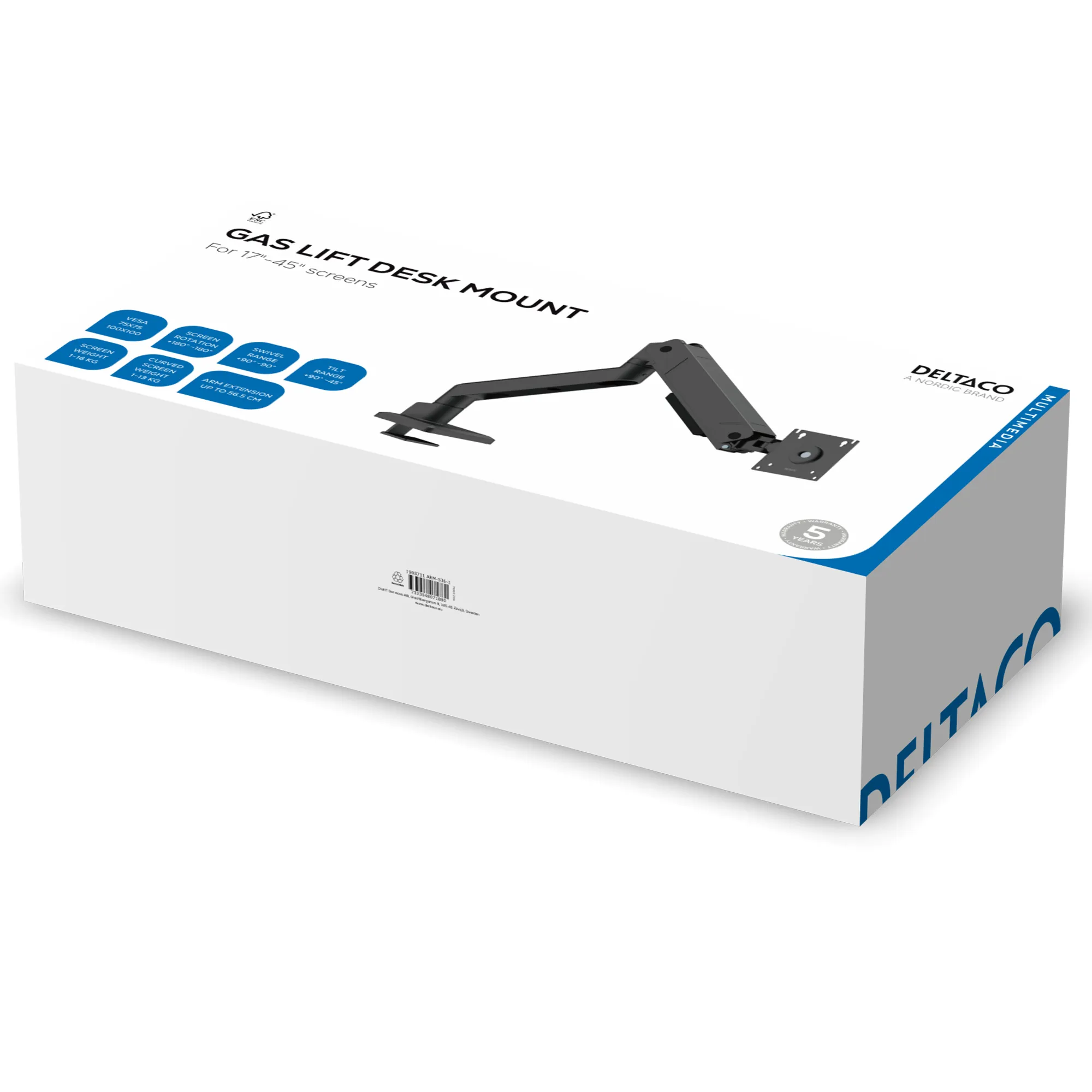DELTACO ARM-536-1 Desk Mount, for 1 monitor, 17-45", with gas spring, 16kg, VESA 75/100, Black