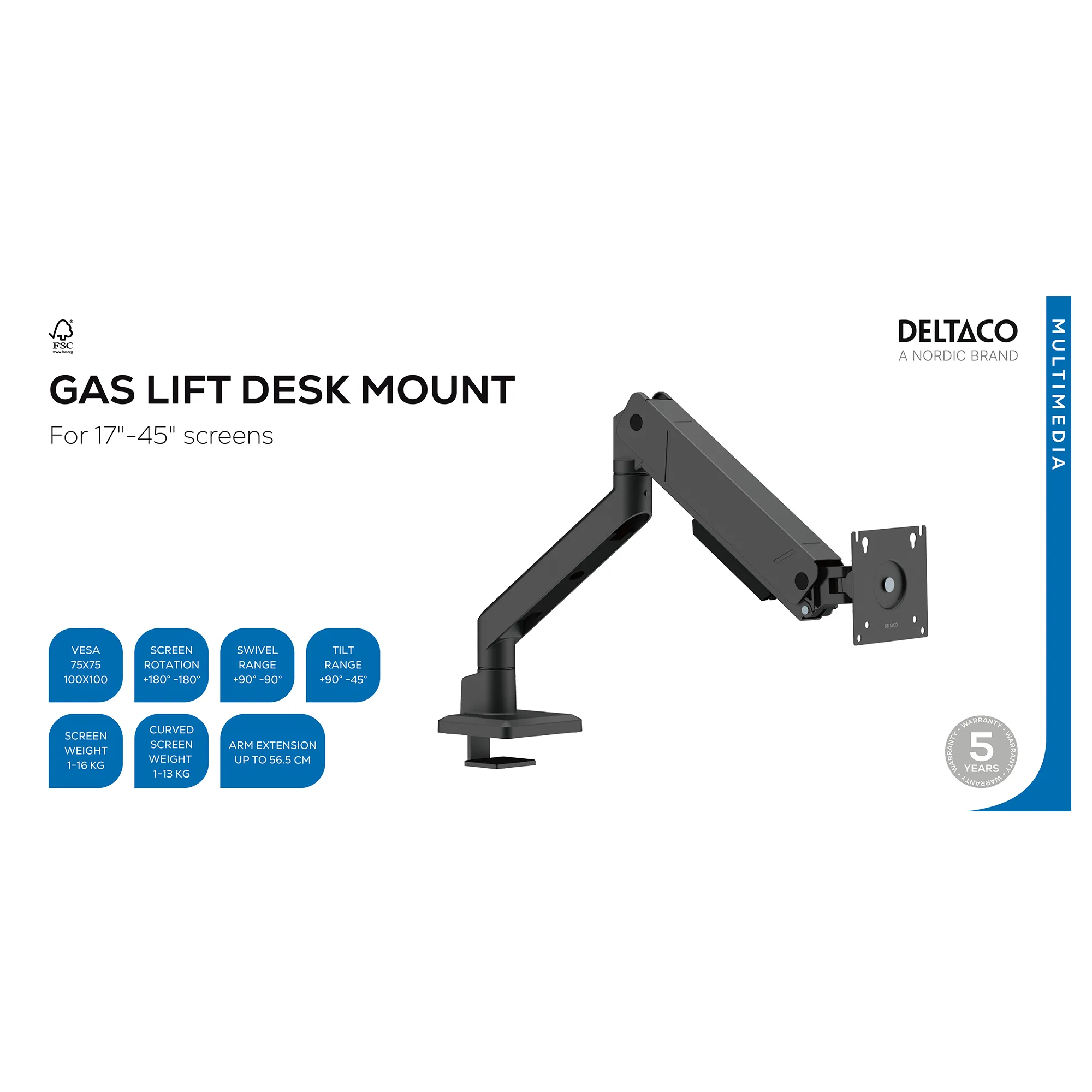 DELTACO ARM-536-1 Desk Mount, for 1 monitor, 17-45", with gas spring, 16kg, VESA 75/100, Black