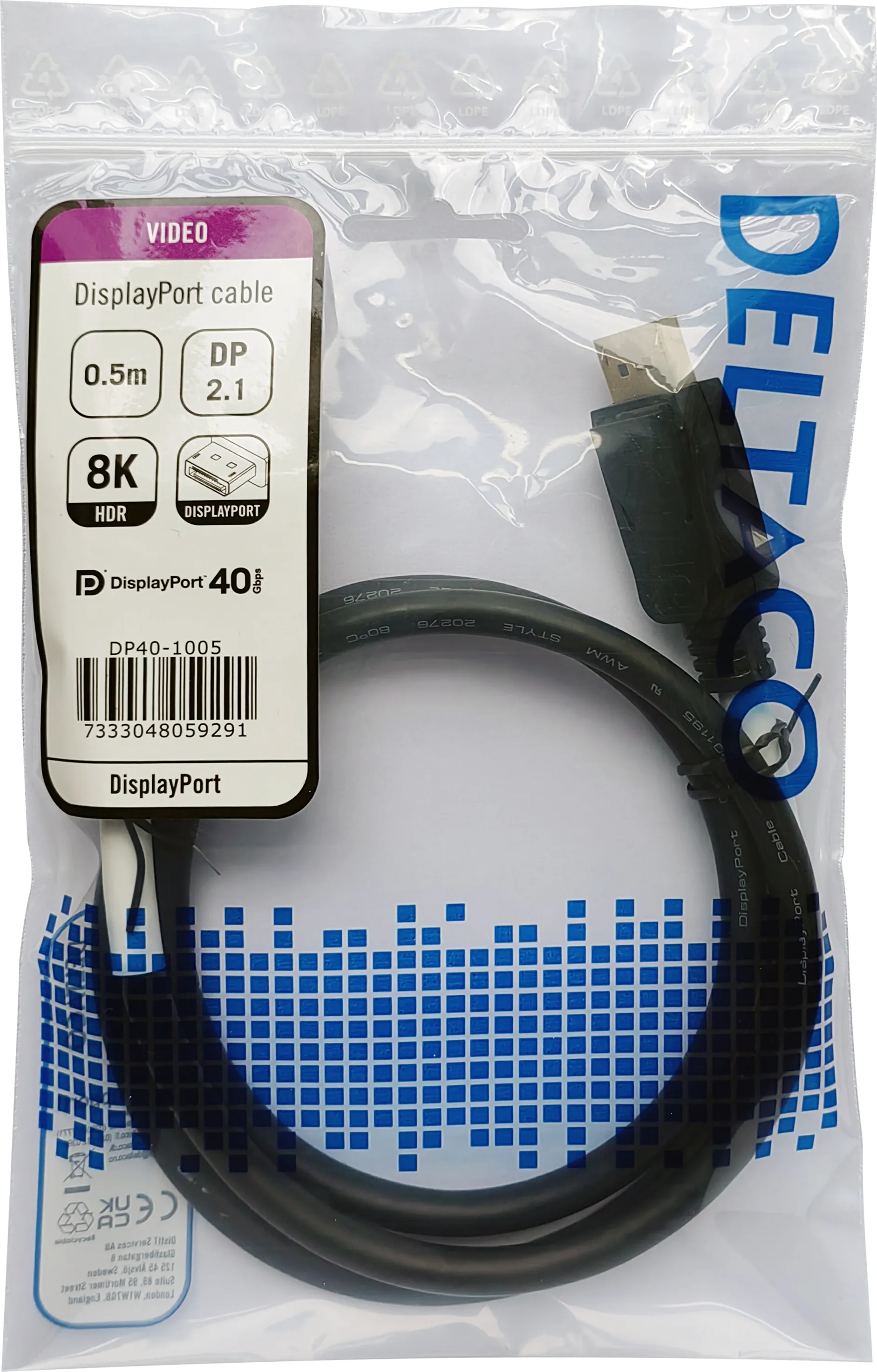 Deltaco  DisplayPort &ndash; DisplayPort 2.1 - cable, 0.5 m, Black