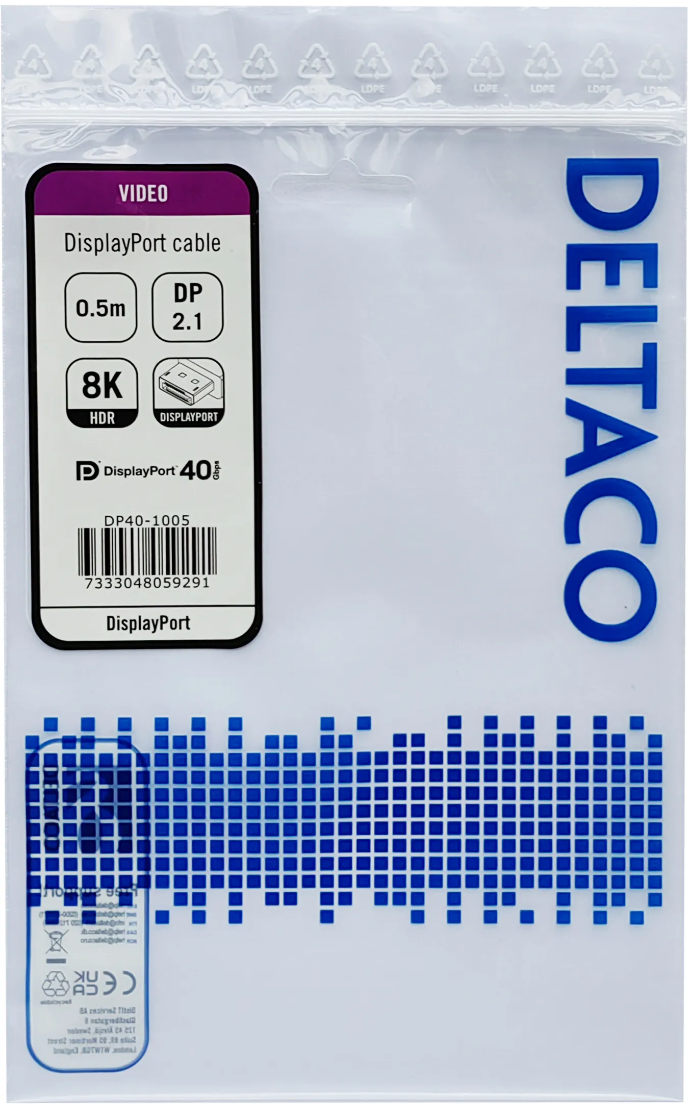 Deltaco  DisplayPort &ndash; DisplayPort 2.1 - cable, 0.5 m, Black