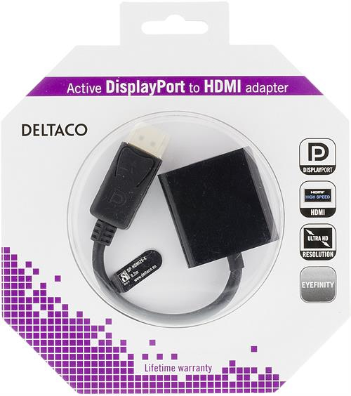 DELTACO Displayport - HDMI sovitin, 4K, audio, 0,2, musta