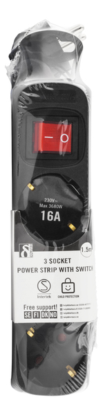 Deltaco GT-115B 3 outlets Power Strip, 1.5m, Black