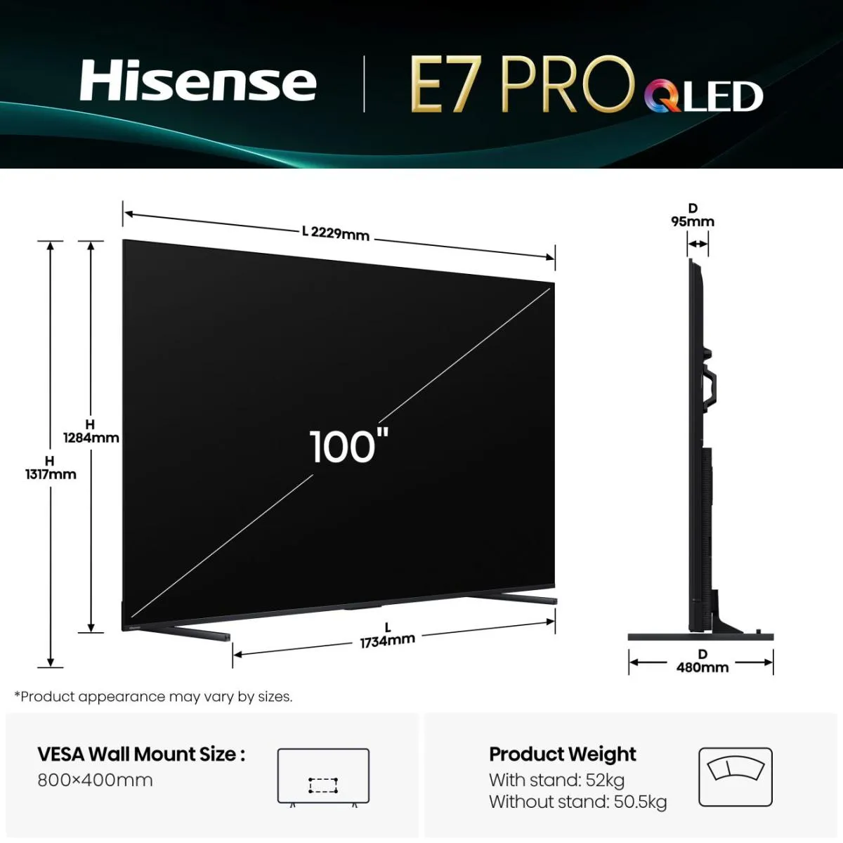 Hisense 100E7Q PRO 100" 4K QLED VIDAA TV, 144 Hz, HDR10+, Dolby Vision