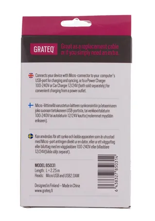 Grateq USB-A - Micro-USB B -kaapeli, 2,25m, Musta