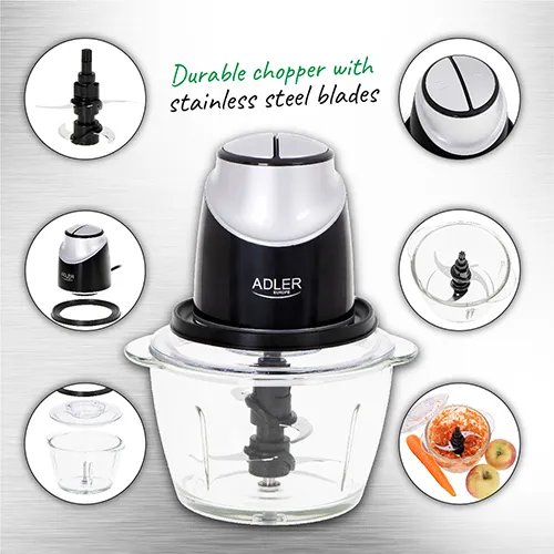 Adler AD 4082 Chopper, Glass Bowl, 1.2 Liters, 550 Watts, Black / Grey / Silver