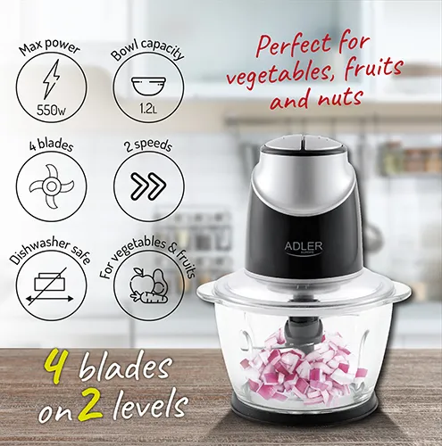Adler AD 4082 Chopper, Glass Bowl, 1.2 Liters, 550 Watts, Black / Grey / Silver