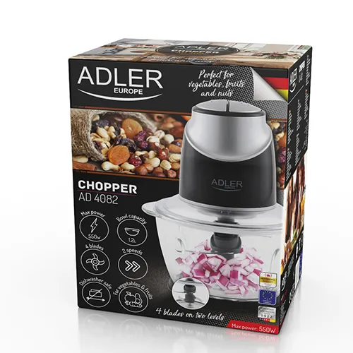 Adler AD 4082 Chopper, Glass Bowl, 1.2 Liters, 550 Watts, Black / Grey / Silver