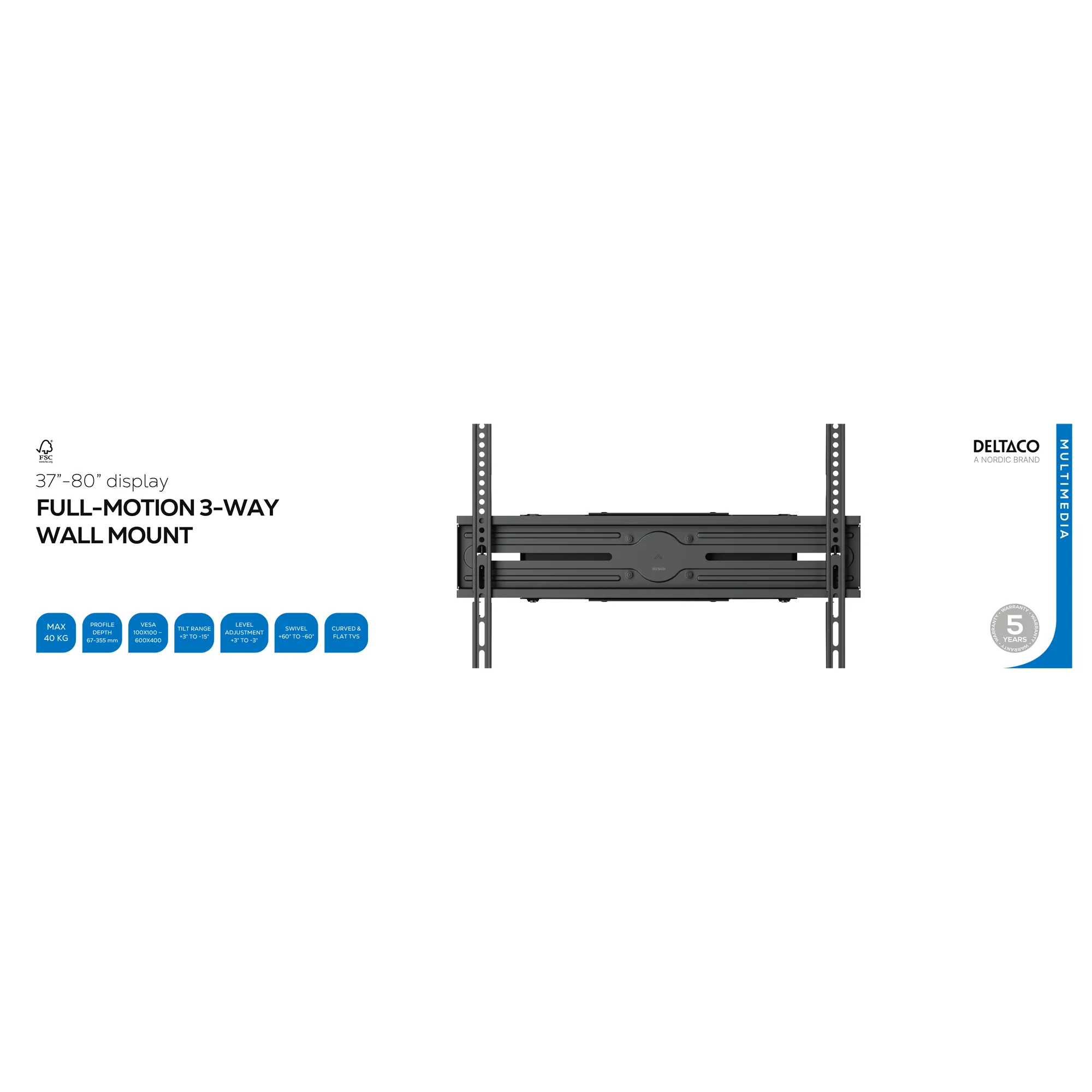 DELTACO ARM-1203-B Full-motion-sein&auml;kiinnike 37-80" televisioille, 40 kg, Musta