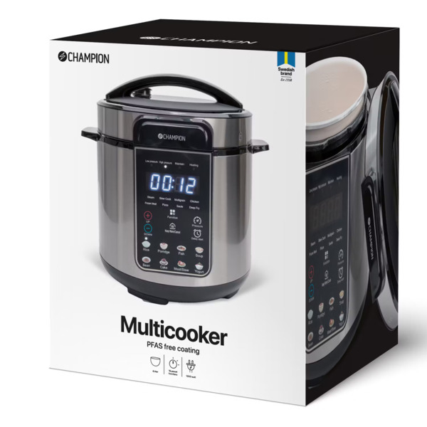 Champion PC600 16-in-1 Ceramic Multicooker and Pressure Cooker, 6 L, 1000 W, Silver