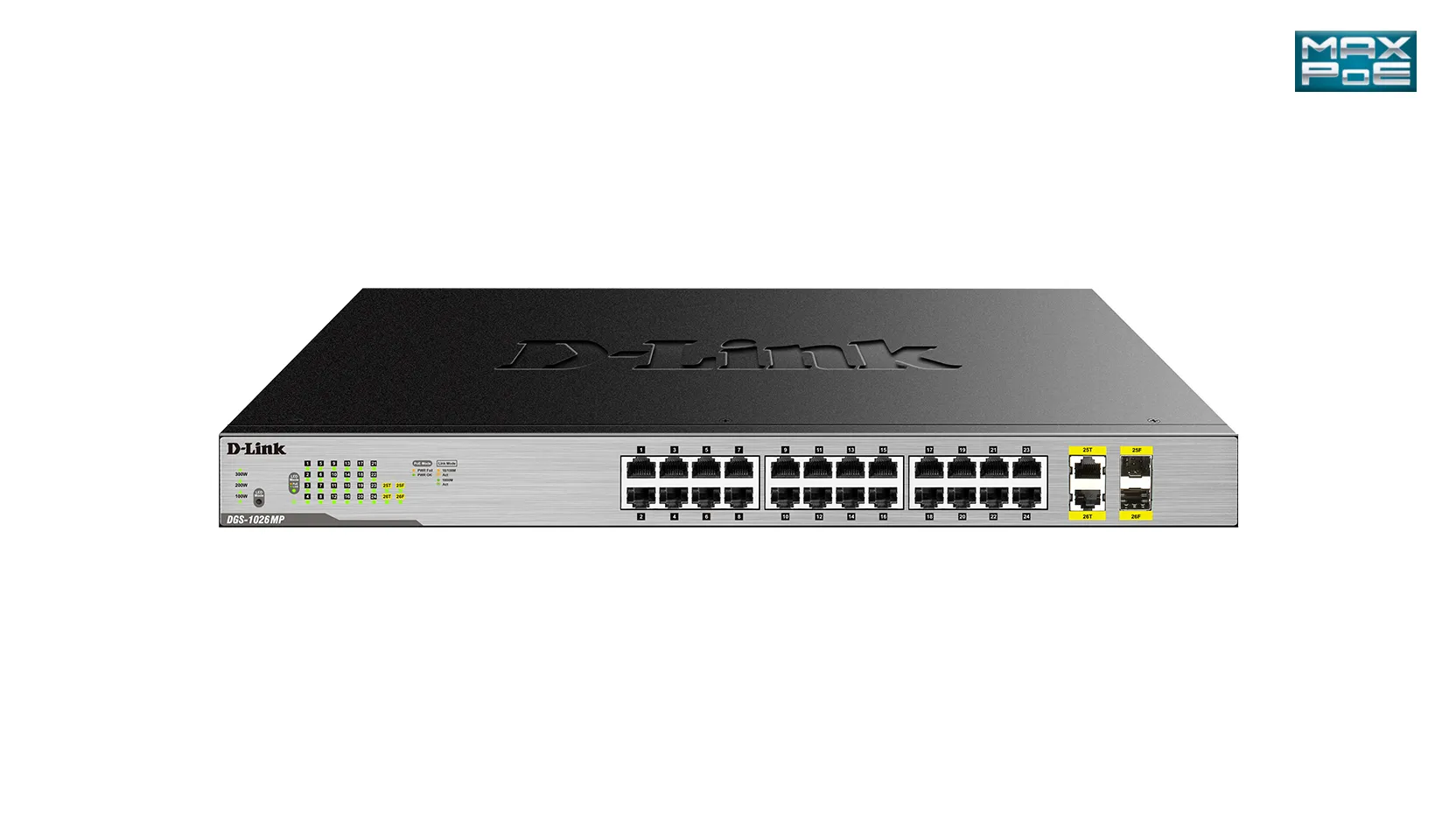D-Link nätverksswitch, 24xRJ45, 2xSFP, Gigabit, PoE, 370W, grå