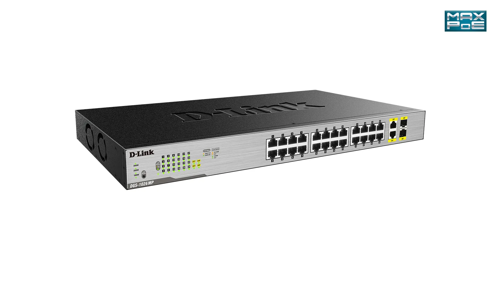 D-Link nätverksswitch, 24xRJ45, 2xSFP, Gigabit, PoE, 370W, grå