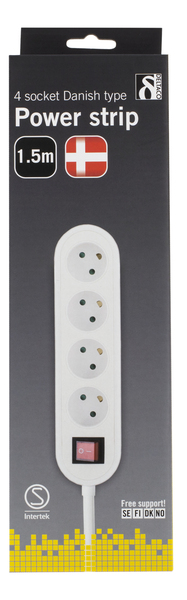 DELTACO tanskal. jatkojohto, 4 pistorasiaa, virtakytkin, 1,5m, valkoin