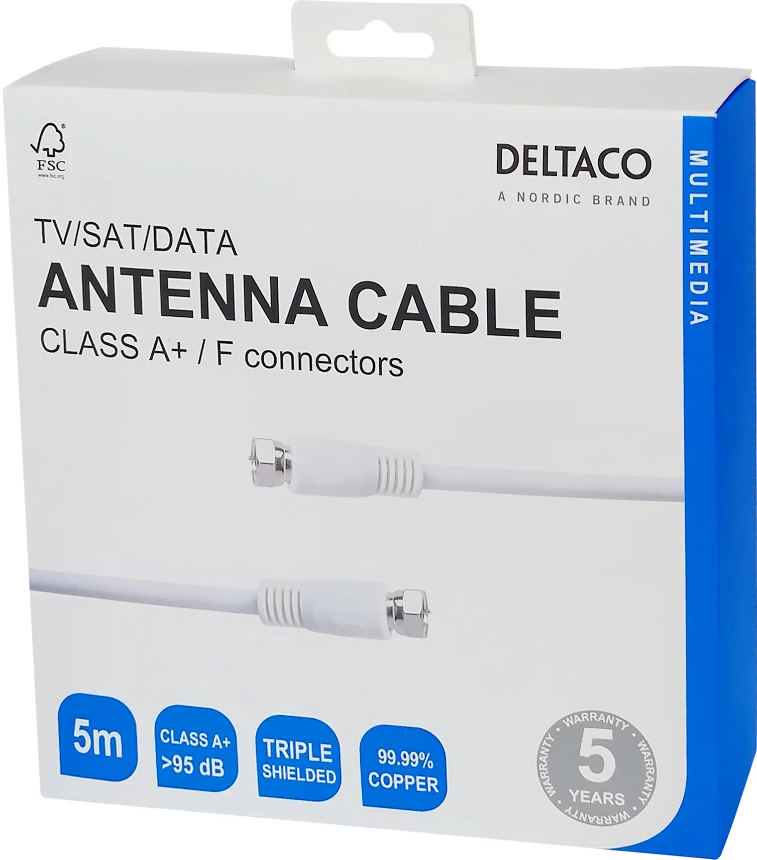 DELTACO - Antennkabel, F-typ hane till hane, 5 meter, Vit