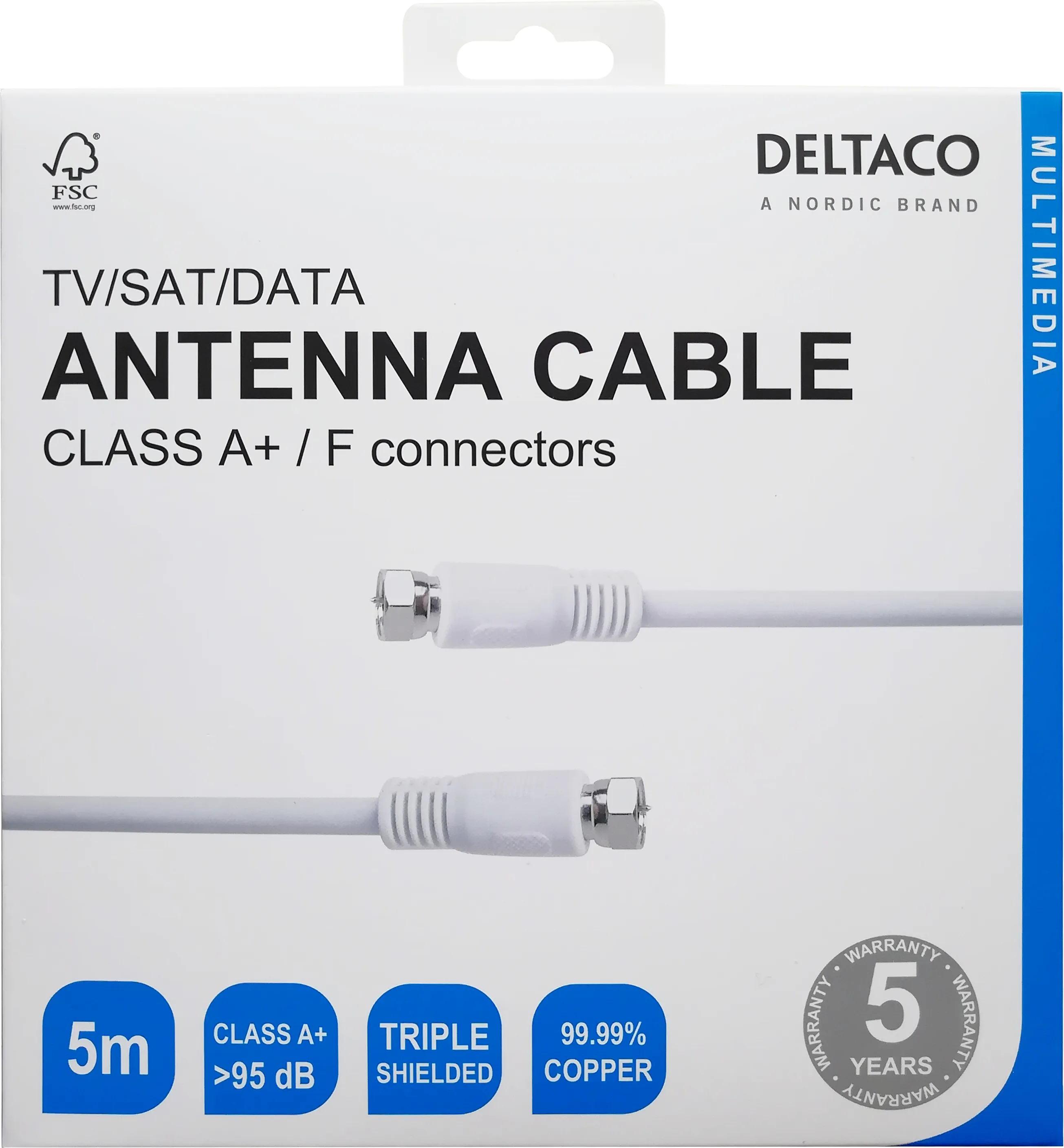 DELTACO - Antennkabel, F-typ hane till hane, 5 meter, Vit