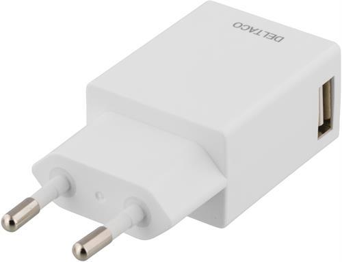 DELTACO Sein&auml;laturi 230V - 5V USB, 2.1A, 1x USB-portti, valkoinen