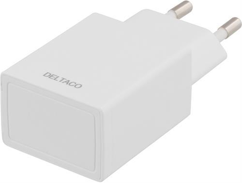 DELTACO Sein&auml;laturi 230V - 5V USB, 2.1A, 1x USB-portti, valkoinen
