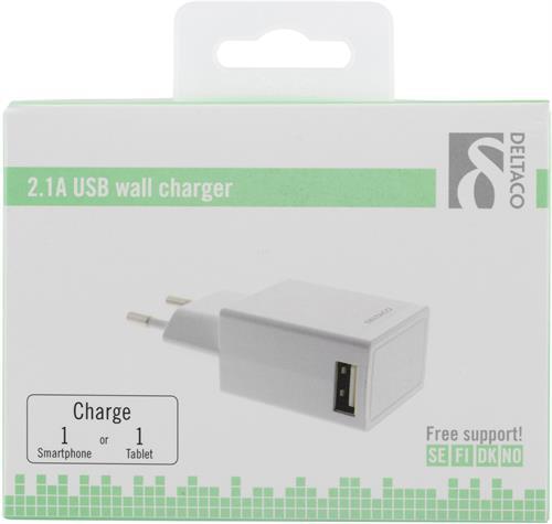 DELTACO Sein&auml;laturi 230V - 5V USB, 2.1A, 1x USB-portti, valkoinen
