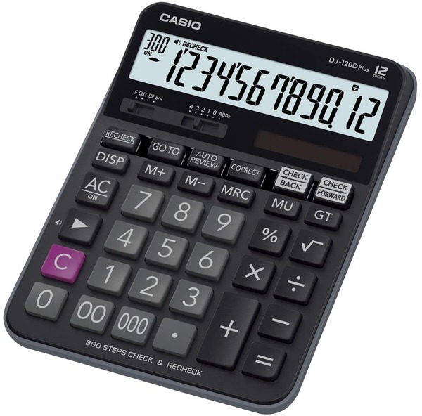 Casio DJ-120D Plus Desktop Calculator, 12 Digits, Black, Battery / Solar