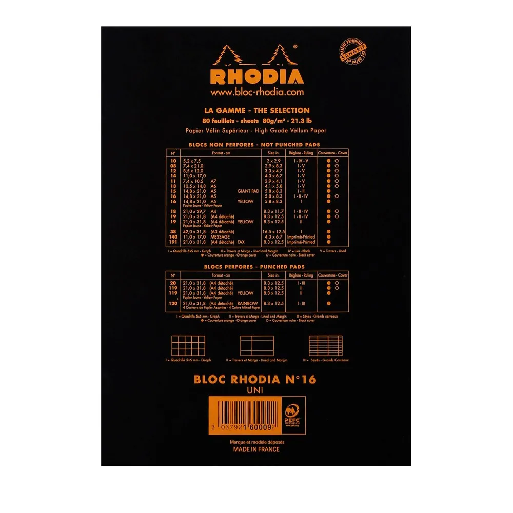 Rhodia head stapled pad black N°16 plain