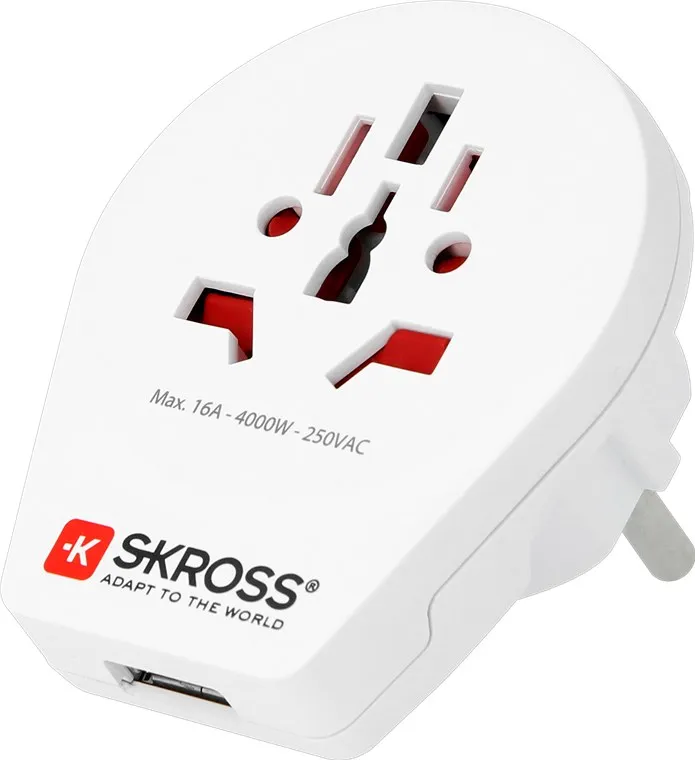 SKROSS matka-adapteri USB-portilla, 5V 2,1A, maad., max 16A, valk.