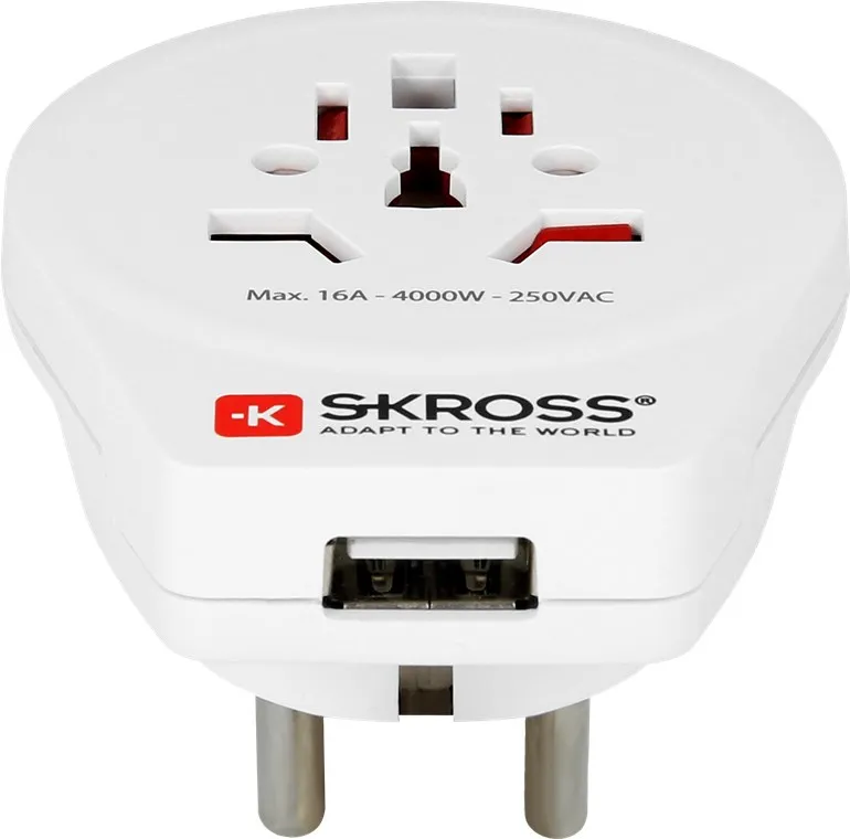 SKROSS matka-adapteri USB-portilla, 5V 2,1A, maad., max 16A, valk.