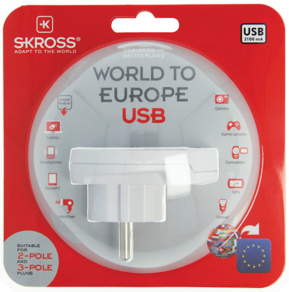 SKROSS World to Europe USB, reseadapter, max 16A 4000W 250V, vit