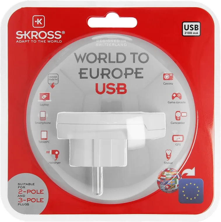 SKROSS matka-adapteri USB-portilla, 5V 2,1A, maad., max 16A, valk.