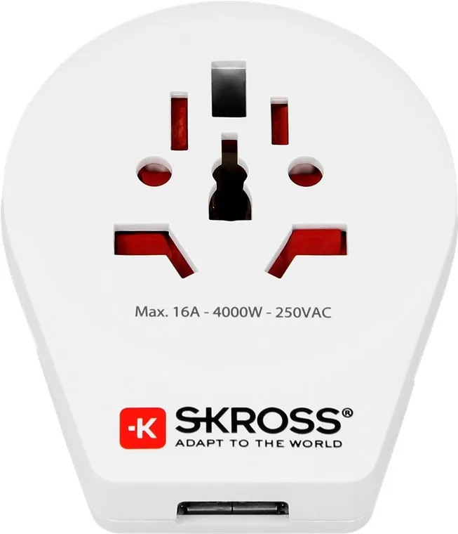 SKROSS matka-adapteri USB-portilla, 5V 2,1A, maad., max 16A, valk.