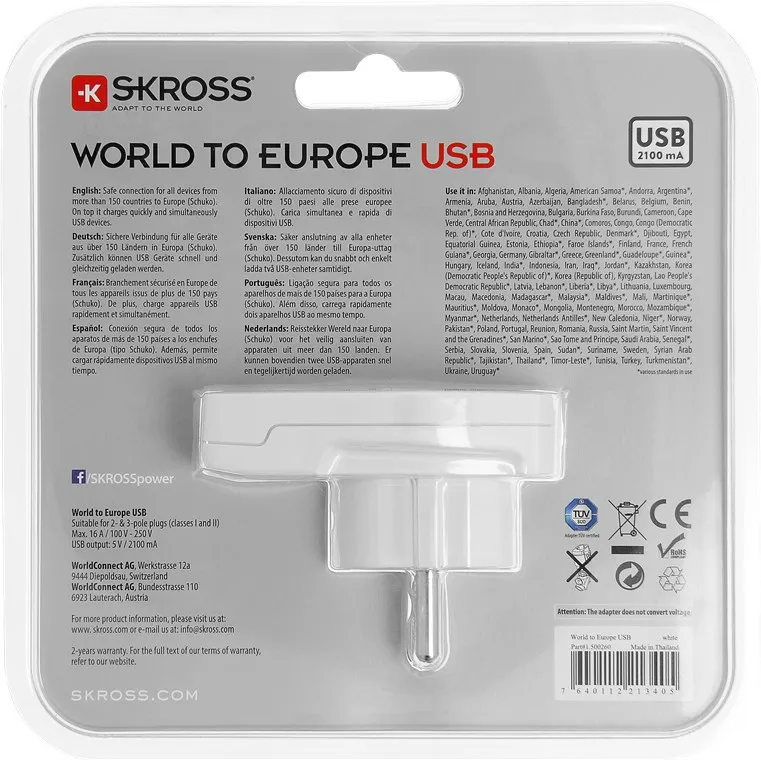 SKROSS matka-adapteri USB-portilla, 5V 2,1A, maad., max 16A, valk.