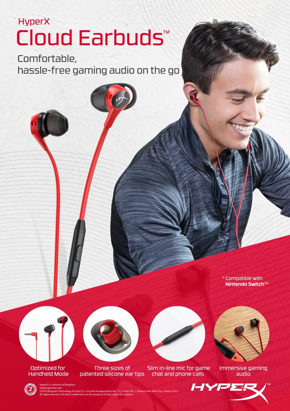 HyperX Cloud Earbuds -pelinappikuulokkeet mikrofonilla, punainen/musta