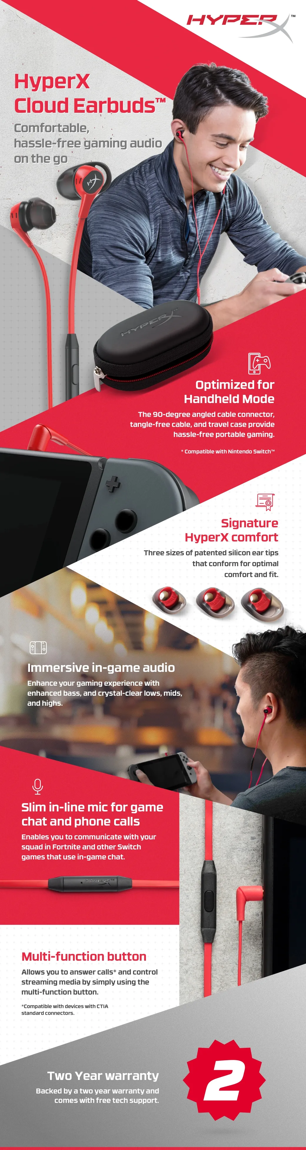 HyperX Cloud Earbuds -pelinappikuulokkeet mikrofonilla, punainen/musta