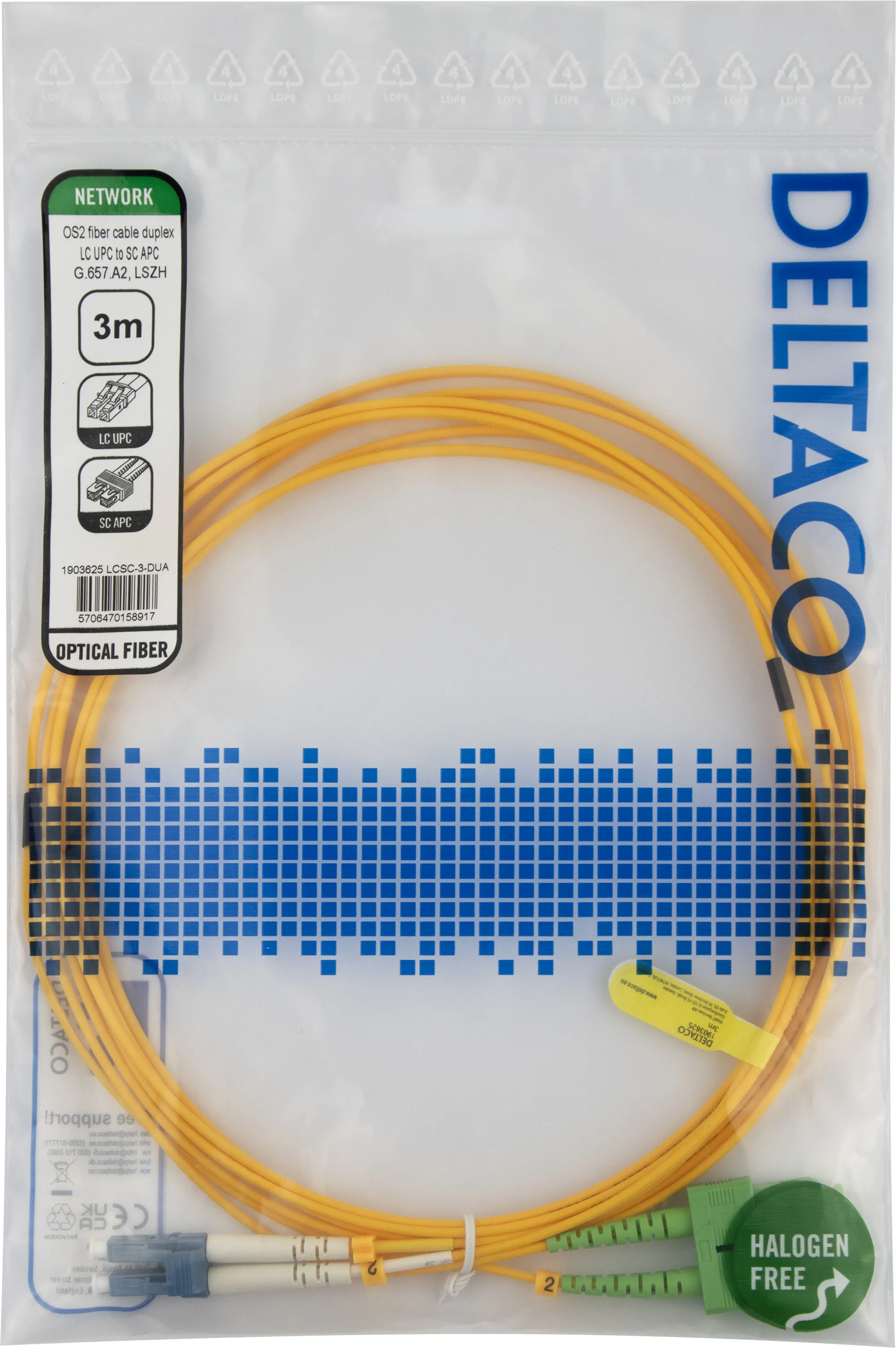 Deltaco OS2 LC-SC 3m -valokuitukaapeli, keltainen