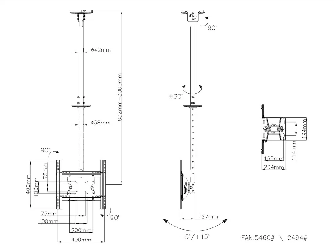 Multibrackets M Public Ceilingmount Medium Single - Ceiling mount tuotteelle LCD-n&auml;ytt&ouml; - ter&auml;s - musta -n&auml;yt&ouml;n koko: 32"-55"