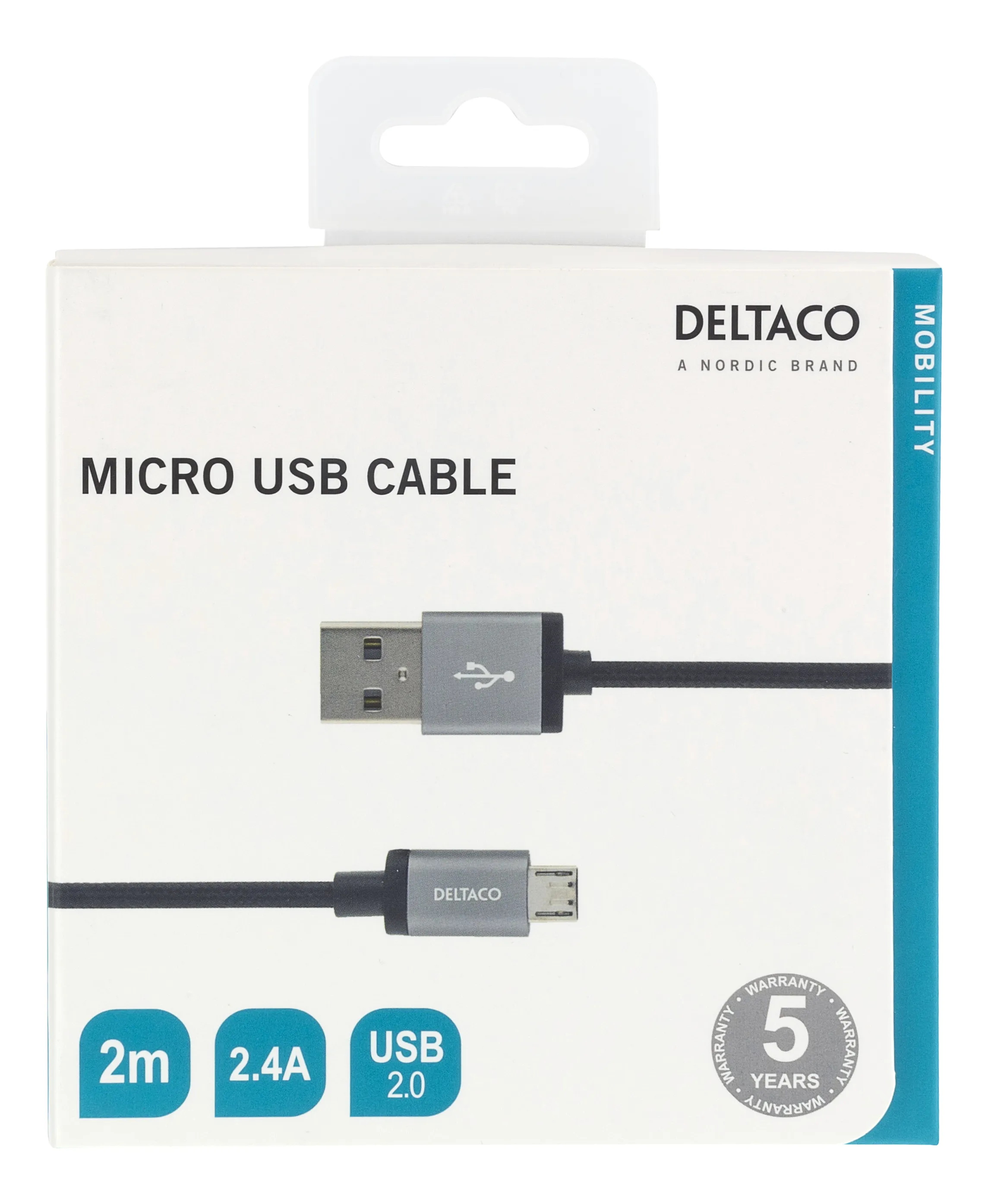 Deltaco Braided USB-A - Micro-USB B - cable, 2 m, Black